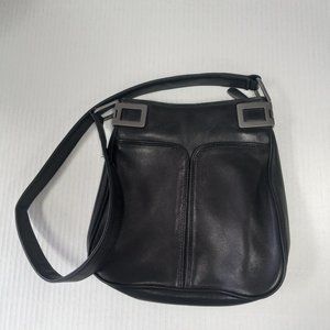 DKNY Black Leather Messenger Bag with Silver Hardware